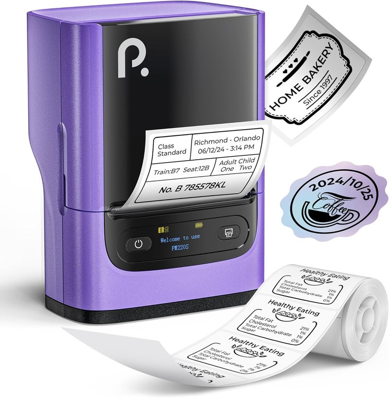 POLONO PM220S Label Maker Machine with Tape, 2 Inch Bluethooth Portable Thermal Label Printer for Small Business, Office, Home, Address, Logo Label, Sticker Printer for Phone/Tablet/PC, Purple - Image 1
